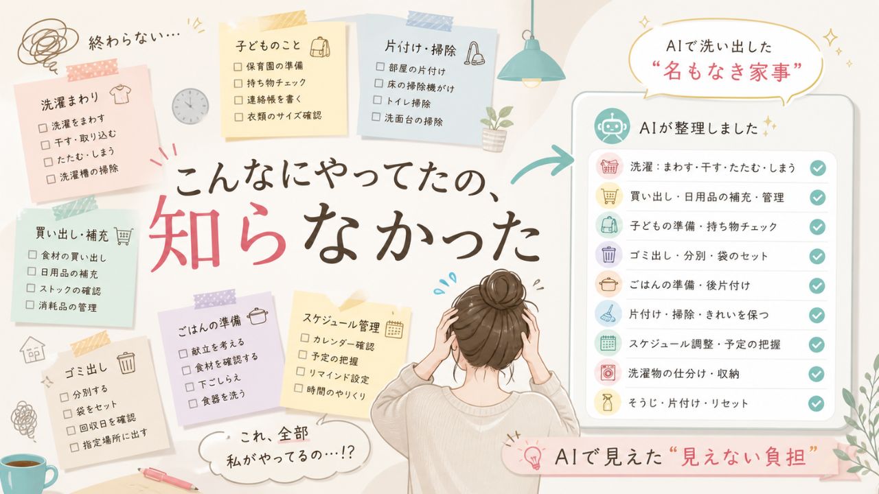 家事の名もなき作業に悩むワーママが、AIでタスクを洗い出して可視化することで見えない負担に気づいたイメージイラスト