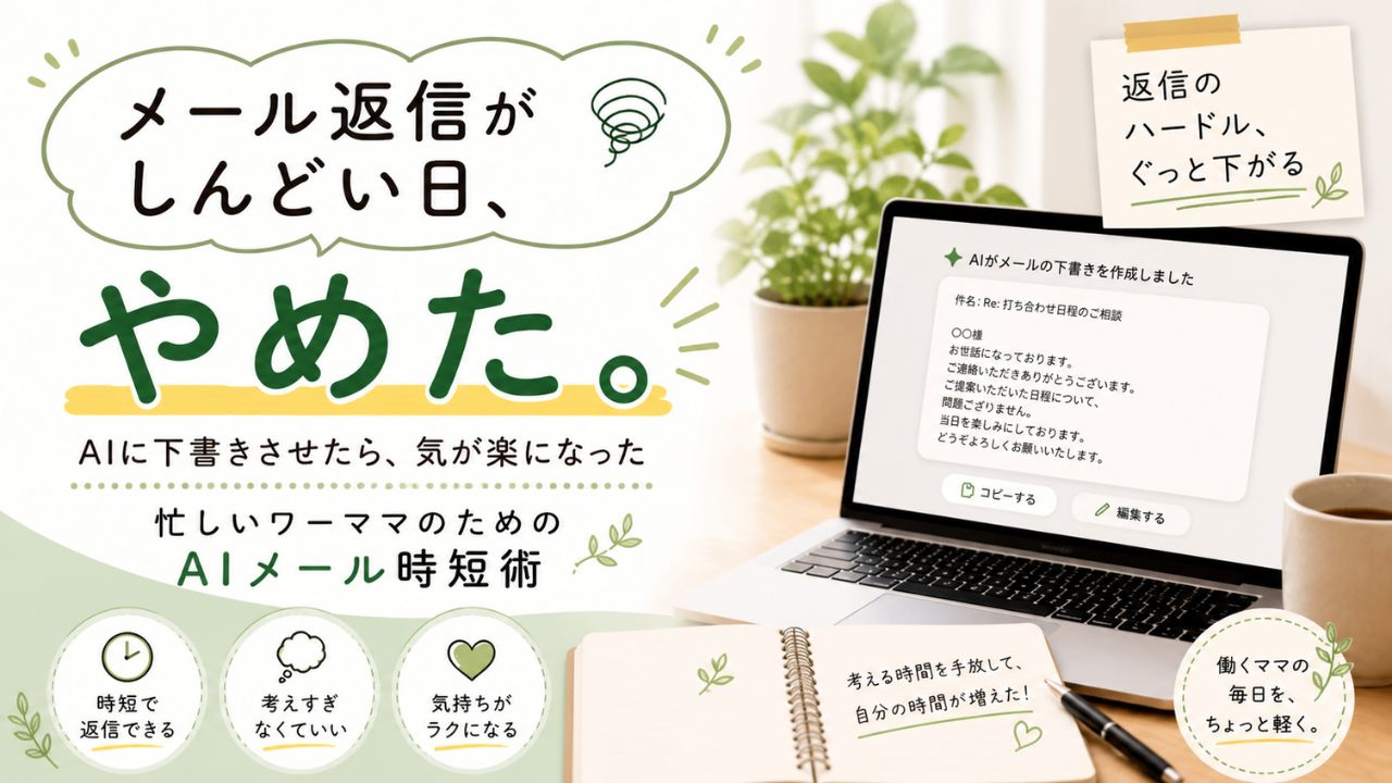 メール返信に悩むワーママが、AIで下書きを作成して気持ちと作業の負担が軽くなったイメージイラスト